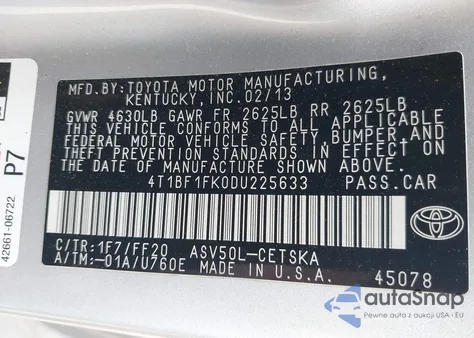 2013 Toyota Camry Se z USA, uszkodzony, nr VIN 4T1BF1FK0DU225633